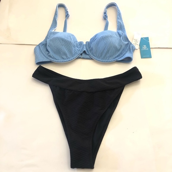 Cups-he Texturized Underwire Light Blue Black High Cut Bikini Set Swimwear SZ M - Picture 4 of 11
